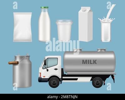 Dairy products. Containers for liquid milk food cans jars glass bottles decent vector realistic template collection Stock Vector