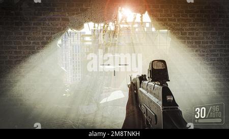 First-person shooter war game screenshot concept - man running with an AK-47 with collimator scope rifle inside the smashed building by war - 3d illus Stock Photo