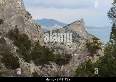 Top view of Mount Koba-Kaya from Karaul-Oba mountain in spring. Crimea Stock Photo