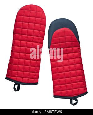 Red fabric quilted oven mitts with silicone inserts isolated Stock Photo