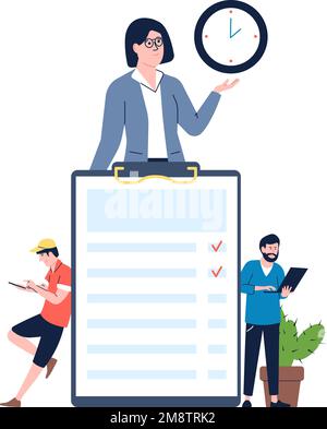 Time management concept with tiny office managers and boss. Businesswoman with clock, to do list and two flat geek programmers vector scene Stock Vector