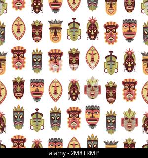 Ethnic african masks background. Wood mask tiki ritual. Art tribal hawaiian face totems. Colorful boho fabric print template, classy vector seamless Stock Vector