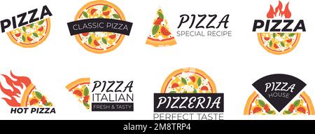 Pizza logo set. Italian pizza slices for dinner. Pizzeria stickers, fast food logotypes. Italia restaurant or delivery, racy vector badges for package Stock Vector