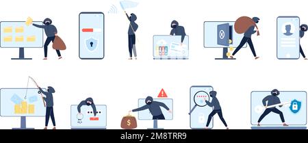 Hackers characters phishing security personal data. Hacker hack web information, phone scam and danger attack at mobile bank recent vector scenes Stock Vector