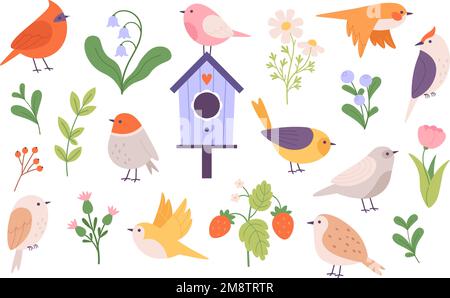 Cute cartoon flat birds clipart. Bird and birdhouse, leaves, flowers and garden berries. Forest and gardening elements, springtime racy vector set Stock Vector