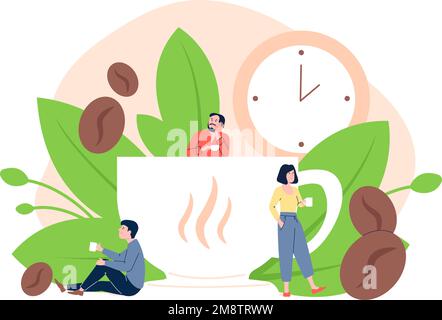 Coffee time scene with tiny people and giant cup of hot beverage. Lunch, breakfast or break in office. Person drink and resting, recent vector concept Stock Vector