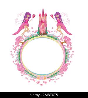 Fairytale frame with beautiful fairies, castle and garden Stock Vector
