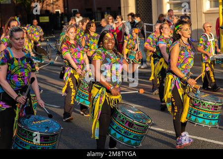 Liverpool, UK: Katumba drumming band, Brazilica festival parade, Mount Pleasant. Stock Photo