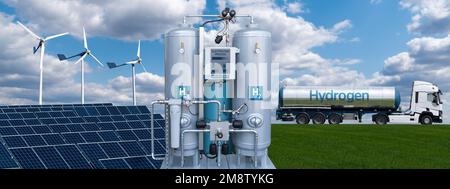 Hydrogen production from renewable energy sources and transportation by trucks. Green hydrogen concept Stock Photo