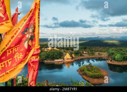 Grand Bassin Temple (Ganga Talao) - sacred place for pilligrimage og hindu people in the district of Savanne, Mauritius. Top view to a crater lake. Stock Photo