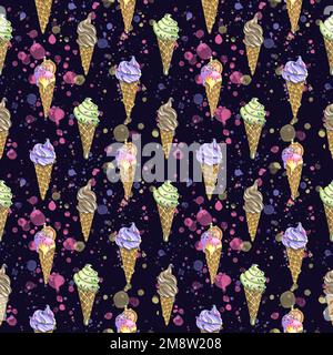 Waffle cones with ice cream with splashes of paint on a dark background. Watercolor illustration. Seamless pattern from a large set of ICE CREAM. For Stock Photo