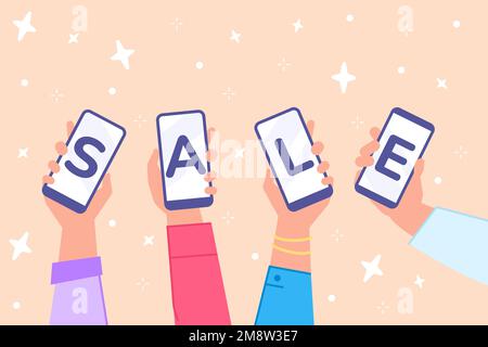 Hands showing sales phones. Hand holding smartphone with online mobile shop promotion sale badge, phone discount credit retail shopping web pay in smart devices vector illustration of sale screen Stock Vector