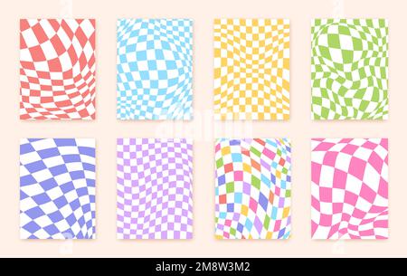 Distorted checkered posters. Patterns distortion grooved wavy squares, playfully fashion y2k, retro collage warping optical groove cage background 1970s, clean vector illustration of retro geometric Stock Vector
