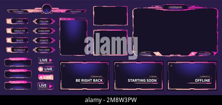 Twitch streaming interface. Stream overlay screens future theme neon design, online game live camera frame digital facecam panel for cyber gamers and streamers, vector illustration of panel to stream Stock Vector