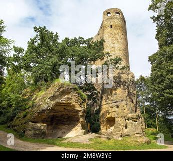 Hrad Valecov rock castle near Mnichovo Hradiste town, Cesky Raj, Bohemian paradise, Czech Republic Stock Photo