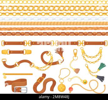 Leather belts and chains. Belt and chain ornament and braid fashion accessories, fabric design elements weave embroidery vintage fringe jewelry bracelet pendant buckle, neat vector illustration Stock Vector