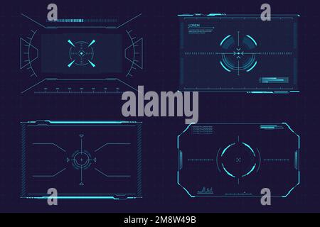 Hud target screens. Targeting focusing screen sci fi monitor, crosshair in helmet eye square display, aim focus futuristic interface army drone, game ui vector illustration of hud screen digital Stock Vector