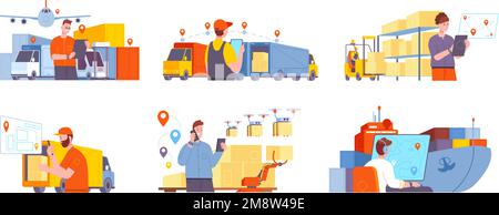 Global supply manager. Logistics chain management, international business shipping concept, goods delivery storage, cargo exportation types splendid vector illustration of management delivery Stock Vector