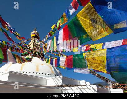 Boudha, bodhnath or Boudhanath stupa with prayer flags, the biggest buddhist stupa in Kathmandu city, buddhism in Nepal Stock Photo