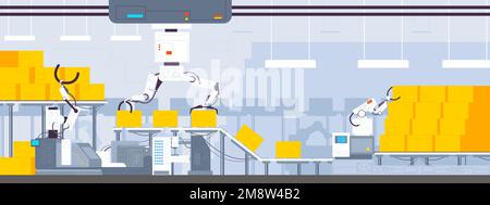 Automated warehouse conveyor. Factory packing process or boxes sorting on production line, parsel good packaging automation roller belt robot machine, splendid vector illustration of factory warehouse Stock Vector