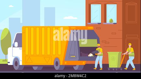 City garbage service. Municipal waste recycling management, scavenger carry packaging refuse from bin dumpster to trash truck, rubbish cleaning worker splendid vector illustration of waste garbage Stock Vector