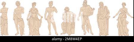 Marble greek sculptures. Statues of roman scholar or god greece mythology, ancient monuments and female statue sculptural anatomy museum art ingenious vector illustration of marble greek sculpture Stock Vector