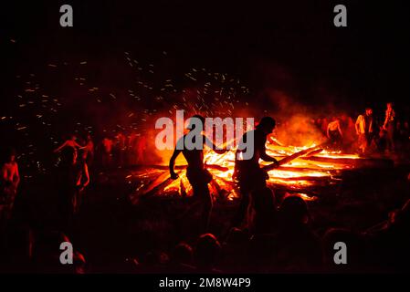 2019-07-06 Shipit, Ukraine. People dancing around the bonfire at annual Shipit hippie festival Stock Photo