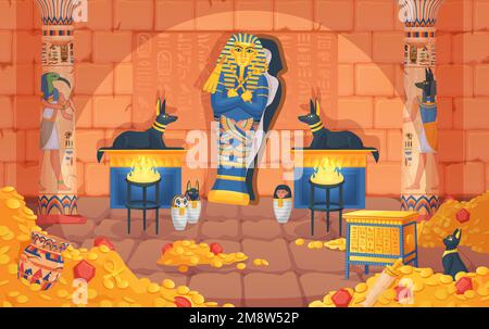 Egyptian tomb. Egypt tombs, underground palace inside pyramid, pharaoh sarcophagus afterlife coffin, gold treasure chamber game background ingenious vector illustration of egyptian tomb civilization Stock Vector