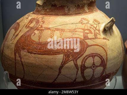 Vase from excavations in Greece, painted archaeological pottery. Ancient Greek jug, pot, terracotta ceramic with ornament. Old Greek patterned crocker Stock Photo