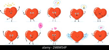 Cartoon heart poses. Hearts emoji characters with laughing face legs wings and arms, funny love stickers meme mascot of health cute baby comic drawing set vector illustration of emoji heart love Stock Vector