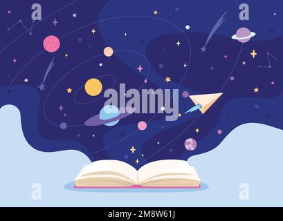 Cosmos book imagination. Storybook night universe children science astronomy learning or magic space fairytale earth planet and alien ship, fantasy textbook vector illustration of space imagination Stock Vector