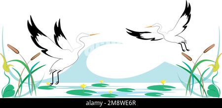 Spring nature. lake with water lilies. Herons fly over the flowers of the lake. Stock Vector