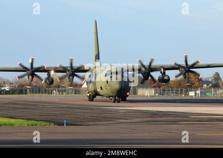 Royal Air Force C-130 Hercules transport aircraft taxying in November, 2021. Stock Photo