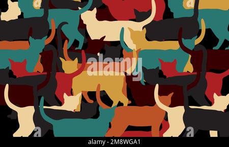 Rectangle horizontal background composed of cat silhouettes of different colours. Stock Vector