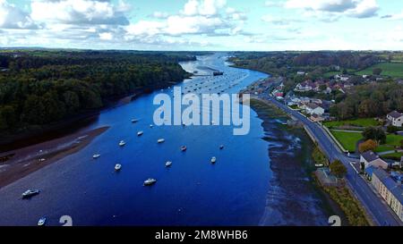an aerial shot of boats in river Moy estuary Stock Photo