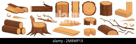 Firewood, trunks stump, planks, forestry and lumber industry cartoon flat vector illustration set Stock Vector