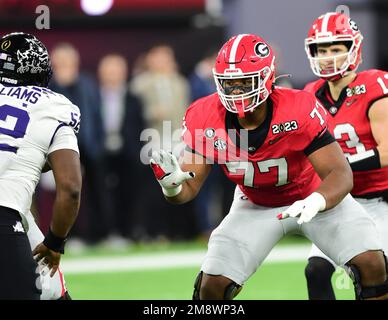 Inglewood, CA. 9th Jan, 2023. Georgia Bulldogs offensive tackle (77) Devin Willock in action during the College Football Playoff National Championship game between the TCU Horned Frogs and the Georgia Bulldogs on January 9, 2023 at SoFi Stadium in Inglewood, CA. (Mandatory Credit: Jose Marin/MarinMedia.org/Cal Sport Media) (Absolute Complete photographer, and credits required).Television, or For-Profit magazines Contact MarinMedia directly. Credit: csm/Alamy Live News Stock Photo