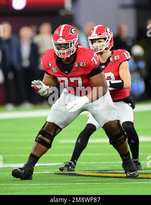 Inglewood, CA. 9th Jan, 2023. Georgia Bulldogs offensive tackle (77) Devin Willock in action during the College Football Playoff National Championship game between the TCU Horned Frogs and the Georgia Bulldogs on January 9, 2023 at SoFi Stadium in Inglewood, CA. (Mandatory Credit: Jose Marin/MarinMedia.org/Cal Sport Media) (Absolute Complete photographer, and credits required).Television, or For-Profit magazines Contact MarinMedia directly. Credit: csm/Alamy Live News Stock Photo