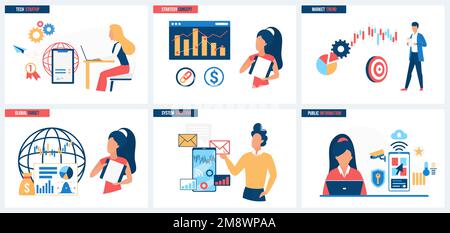 Global target for market trends, tech startup, system solutions and public information strategy set vector illustration. Cartoon tiny people plan future development, growth of international business Stock Vector