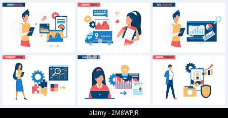 Modern analytics of global solutions planning, market data processing, delivery service set vector illustration. Cartoon tiny people research graphs and charts on dashboard, analyze financial reports Stock Vector