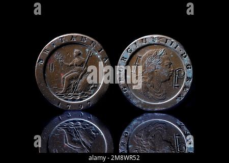 King George III Britannia Penny with the initials EP engraved onto the obverse face. Stock Photo