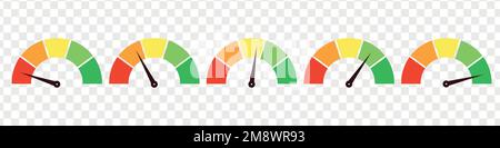 Set of different meter gauge element. Green and red, low and high barometers,bad and good level or risk scale. Vector isolated illustration Stock Vector