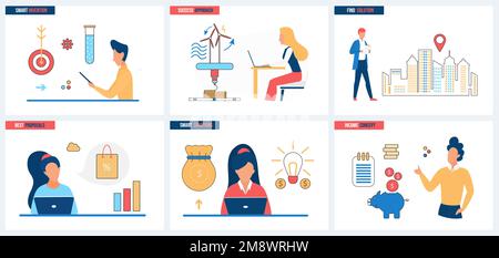 Success of approach to finding solutions and best proposals, smart invention set vector illustration. Cartoon tiny people invest money from piggy bank in development of technology, energy production Stock Vector