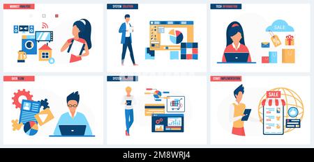 System solutions, data flow for market analysis and technical information set vector illustration. Cartoon tiny people work with digital content, business process gears and dashboards with charts Stock Vector