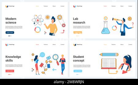 Modern science and laboratory research, skills growth, education and study of student set vector illustration. Cartoon tiny people with magnifying glass and telescope looking for knowledge from books Stock Vector