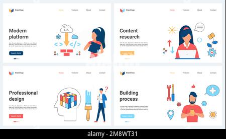 Professional design, content development and research, modern digital platforms set vector illustration. Cartoon tiny people building structure, website creation process and testing user interface Stock Vector