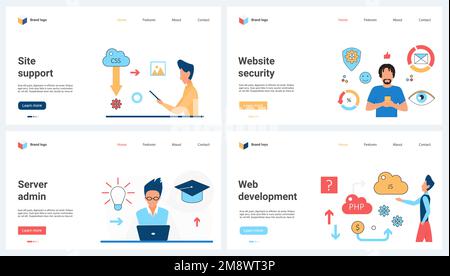 Website security support service, web development and server administration set vector illustration. Cartoon tiny administrators and analysts work with digital infrastructure and cloud storage Stock Vector