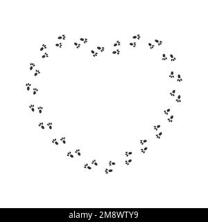 Heart shaped frame with bunny pawprints, hare feet steps, rabbit paw silhouettes. Design for Valentine day or Easter greeting card or photoframe. Vector graphic illustration Stock Vector