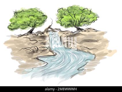 Landscape with two trees on white background Stock Vector