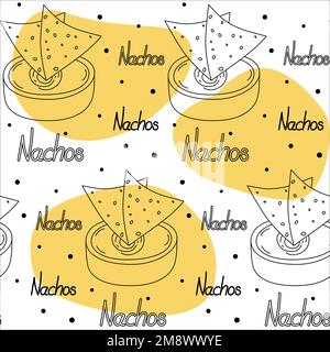 Endless pattern with traditional corn Mexican chips Nachos and sauce in bowl with lettering Nachos on a background of colored spots. Outline drawing. Isolate. Good for wrapping, wallpaper, cards. EPS Stock Vector